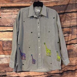 Mili Designs Women's XL Striped Button Up Shirt Giraffe Embroidery Sequin